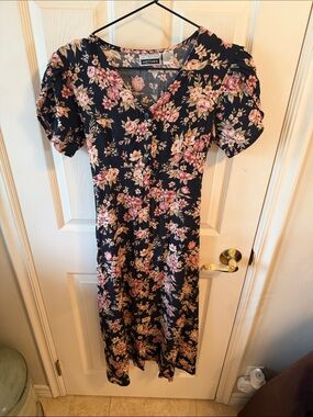 Black Floral Button-Front Midi Dress with Puff Sleeves